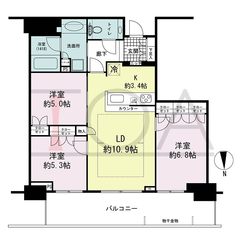 グランドメゾン新梅田タワー THE CLUB RESIDENCEの間取り図 北向き 3LDK 専有面積71.00m2
バルコニー面積15.56m2