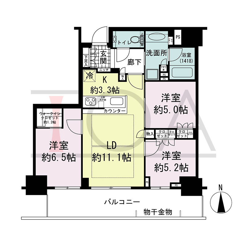 グランドメゾン新梅田タワー THE CLUB RESIDENCEの間取り図 南向き 3LDK+WIC 専有面積71.11m2
バルコニー面積15.57m2