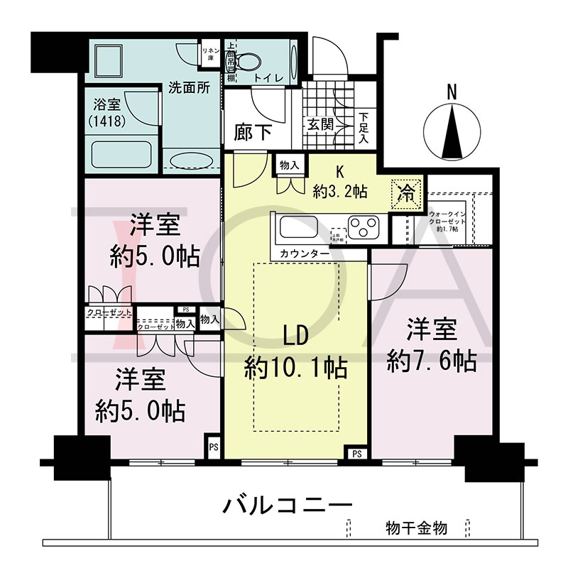 グランドメゾン新梅田タワー THE CLUB RESIDENCEの間取り図 南向き 3LDK+WIC 専有面積71.53m2
バルコニー面積15.40m2