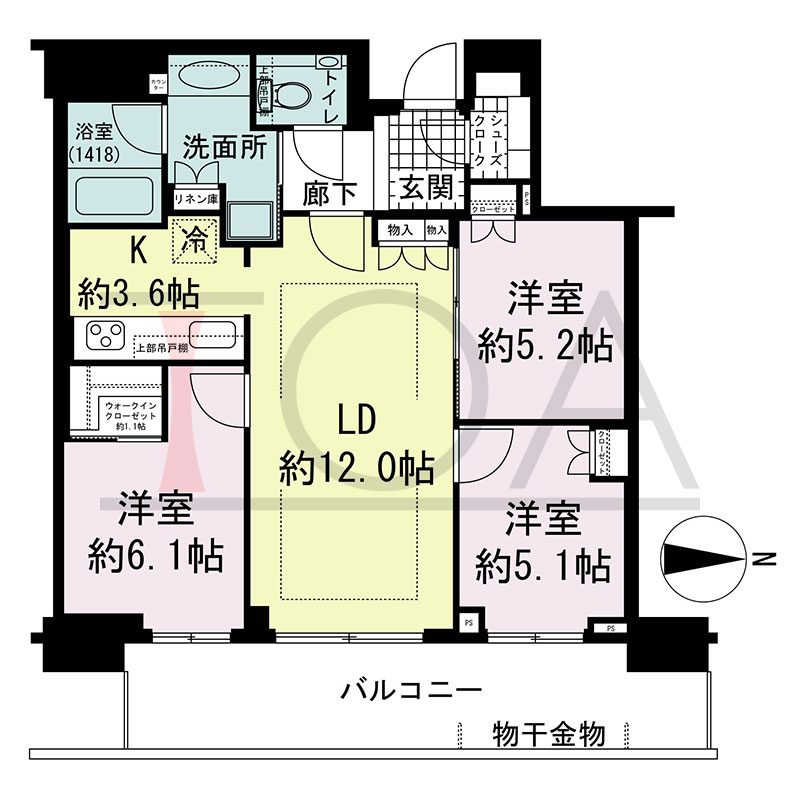 グランドメゾン新梅田タワー THE CLUB RESIDENCEの間取り図 東向き 3LDK+WIC+SC 専有面積73.11m2
バルコニー面積15.35m2