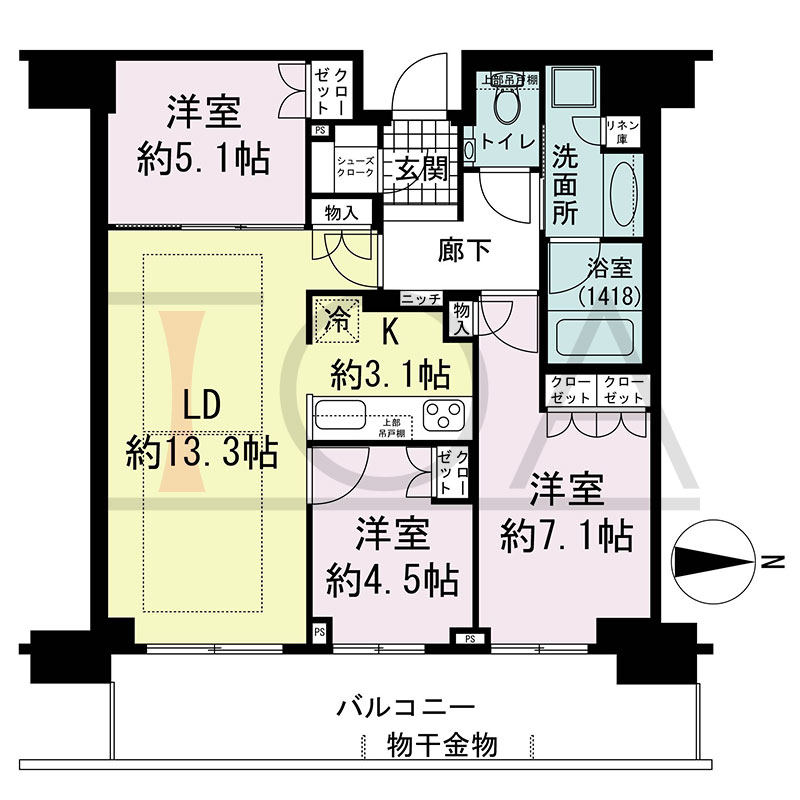 グランドメゾン新梅田タワー THE CLUB RESIDENCEの間取り図 東向き 3LDK+SC 専有面積74.16m2
バルコニー面積15.20m2