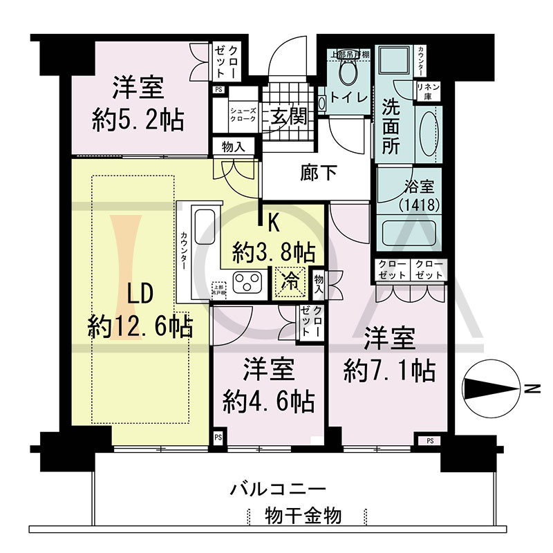 グランドメゾン新梅田タワー THE CLUB RESIDENCEの間取り図 東向き 3LDK+SC 専有面積74.16m2
バルコニー面積15.20m2