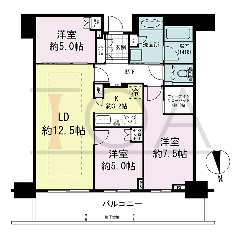 グランドメゾン新梅田タワー THE CLUB RESIDENCEの間取り図 北向き 3LDK+WIC 専有面積75.00m2
バルコニー面積15.24m2