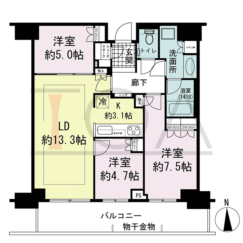 グランドメゾン新梅田タワー THE CLUB RESIDENCEの間取り図 南向き 3LDK+SC 専有面積75.91m2
バルコニー面積15.28m2