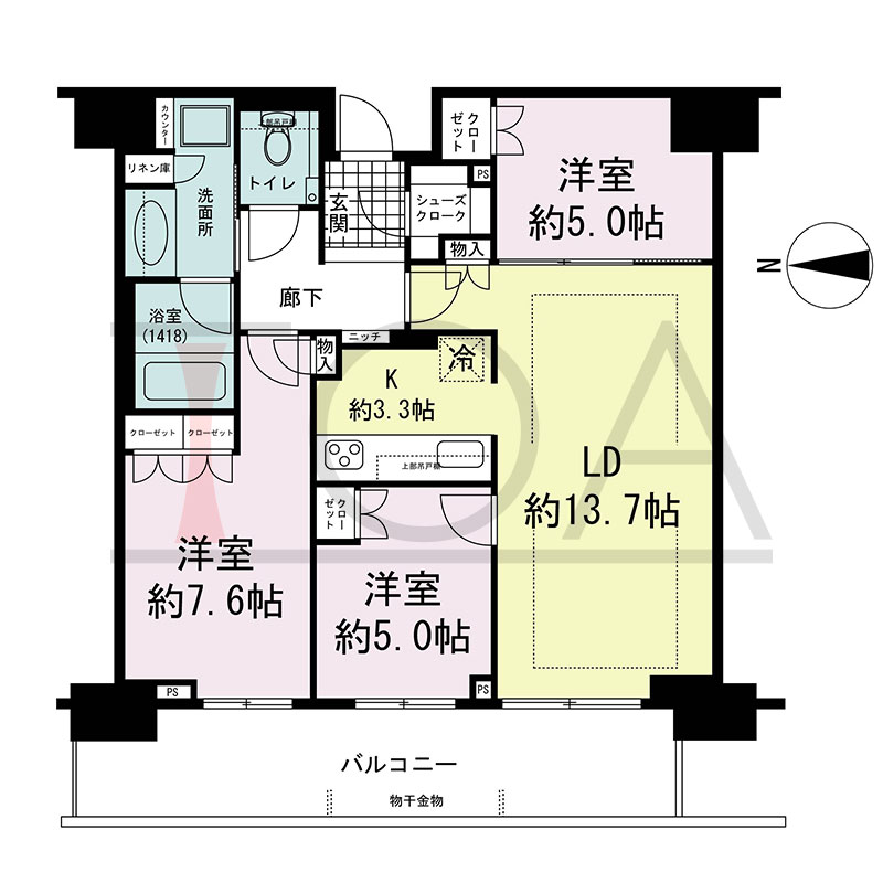 グランドメゾン新梅田タワー THE CLUB RESIDENCEの間取り図 西向き 3LDK+SC 専有面積76.86m2
バルコニー面積15.35m2