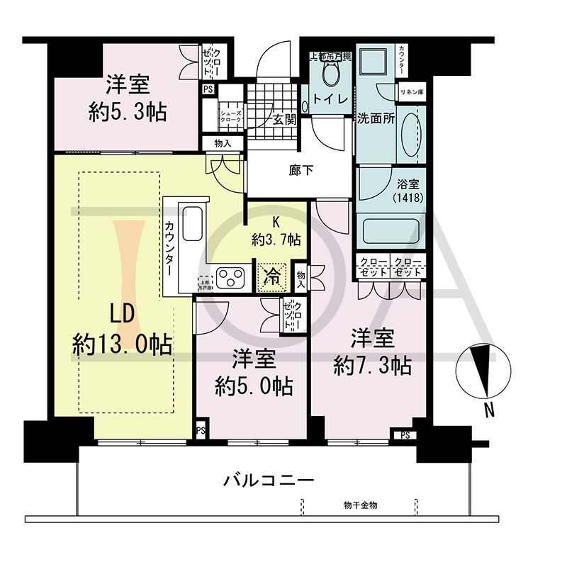 グランドメゾン新梅田タワー THE CLUB RESIDENCEの間取り図 北向き 3LDK+SC 専有面積75.91m2
バルコニー面積15.28m2