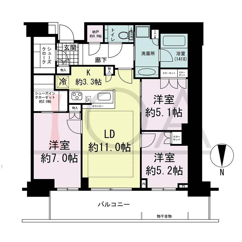 グランドメゾン新梅田タワー THE CLUB RESIDENCEの間取り図 北向き 3LDK+N+WIC+SC 専有面積79.09m2
バルコニー面積15.42m2
