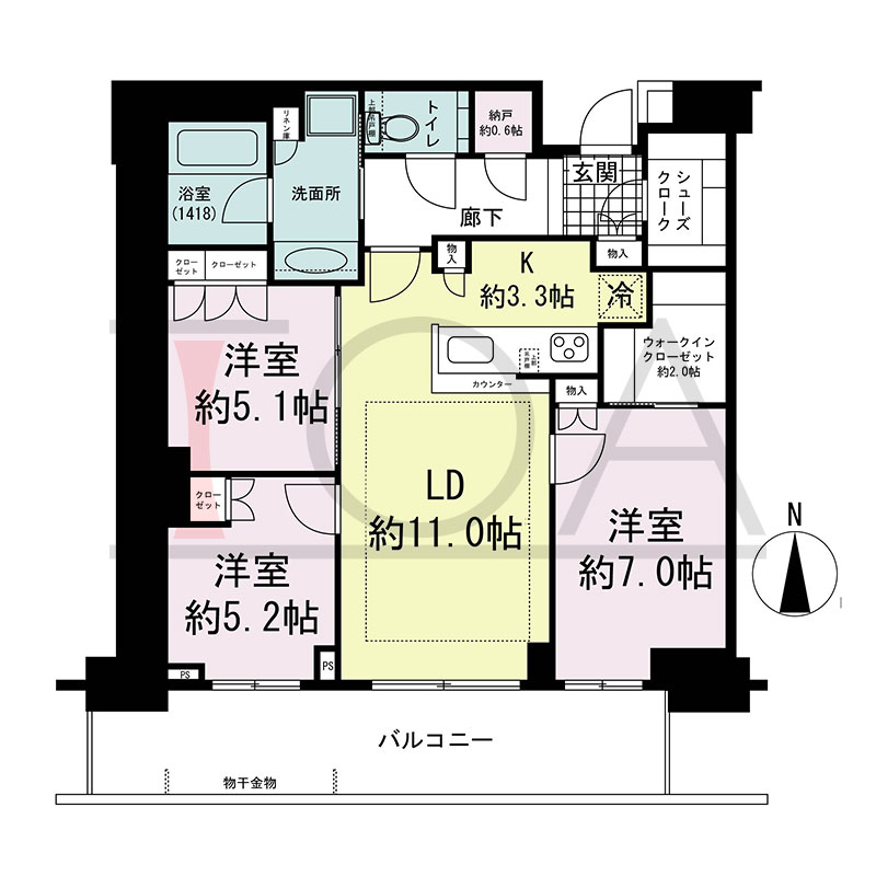 グランドメゾン新梅田タワー THE CLUB RESIDENCEの間取り図 南向き 3LDK+N+WIC+SC 専有面積79.09m2
バルコニー面積15.42m2