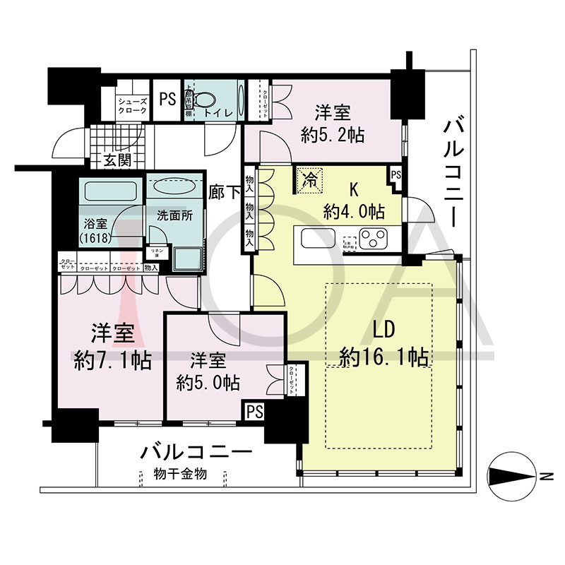グランドメゾン新梅田タワー THE CLUB RESIDENCEの間取り図 北東向き角 3LDK+SC 専有面積87.49m2
バルコニー面積17.98m2