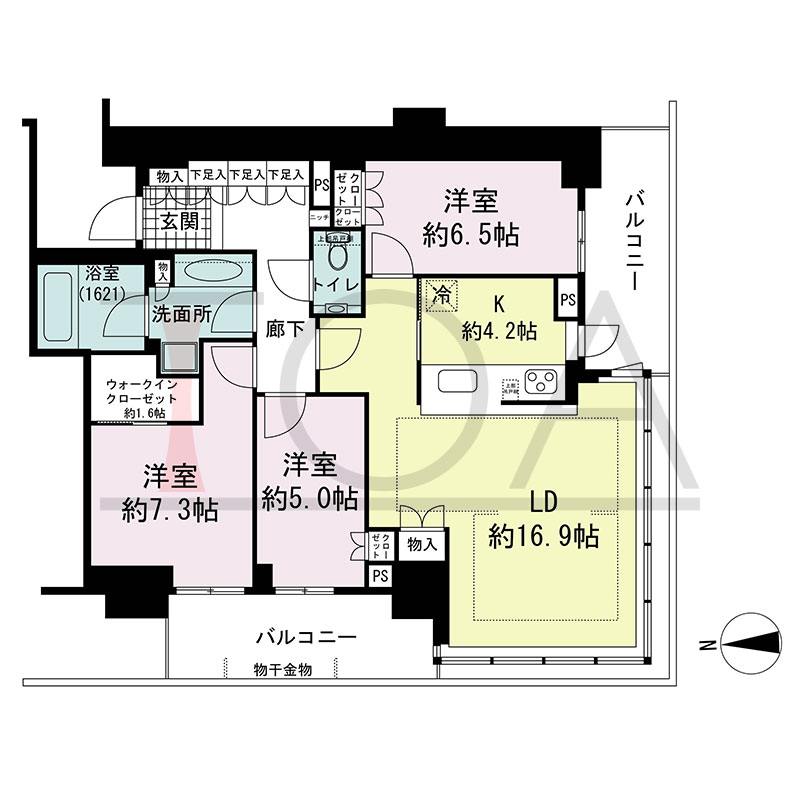 グランドメゾン新梅田タワー THE CLUB RESIDENCEの間取り図 南西向き角 3LDK+WIC 専有面積91.88m2
バルコニー面積17.67m2