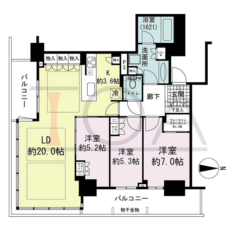 グランドメゾン新梅田タワー THE CLUB RESIDENCEの間取り図 南東向き角 3LDK+WIC 専有面積94.76m2
バルコニー面積19.52m2