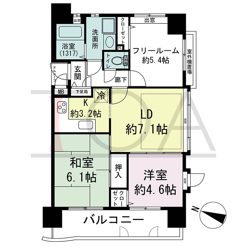 リブコート中山手通の間取り図 西向き 2LDK+F 専有面積57.52m2
バルコニー面積9.00m2?9.60m2のお部屋あり
アルコーブ面積1.02m2