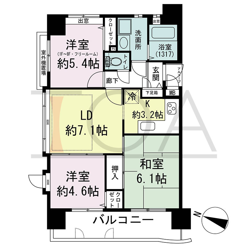 リブコート中山手通の間取り図 西向き 2LDK+F 専有面積57.52m2
バルコニー面積8.20m2?9.60m2のお部屋あり
アルコーブ面積1.02m2