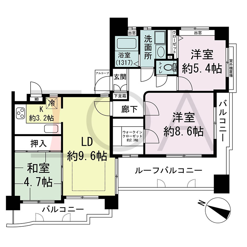 リブコート中山手通の間取り図 南向き 3LDK+S 専有面積72.96m2
バルコニー面積7.14m2?9.80m2のお部屋あり
ルーフバルコニー面積14.96m2
アルコーブ面積1.02m2