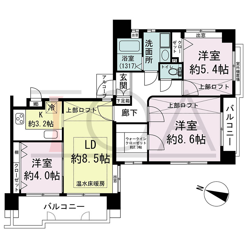 リブコート中山手通の間取り図 西向き 3LDK+S+Loft 専有面積69.00m2
バルコニー面積10.94m2
アルコーブ面積1.02m2