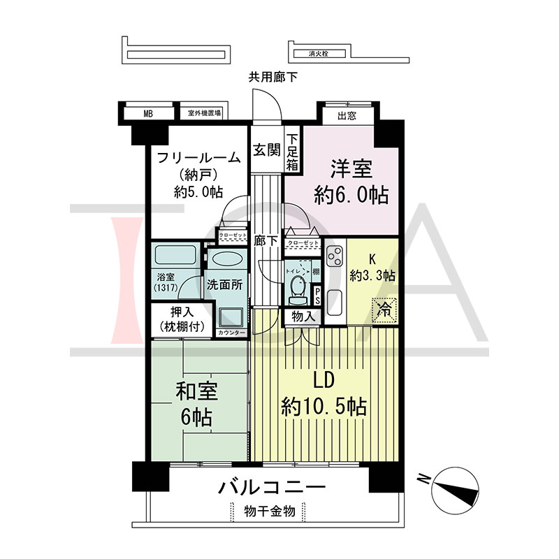 ステイツ神戸熊内町の間取り図 西向き 2LDK+N 専有面積66.50m2
バルコニー面積10.35m2