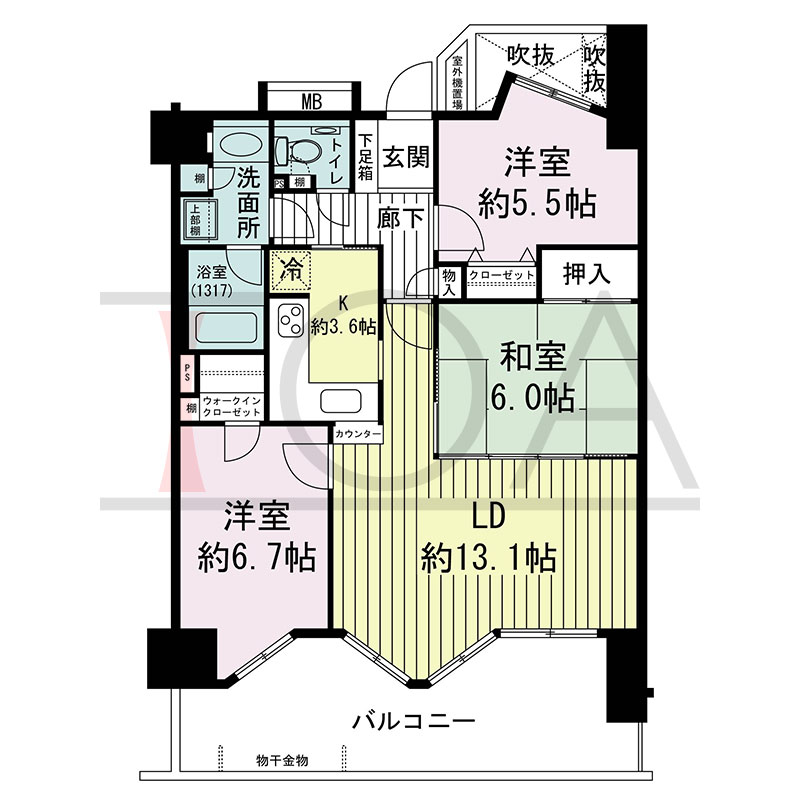 ステイツ神戸熊内町の間取り図 南向き 3LDK 専有面積 76.18m2
バルコニー面積17.73m2