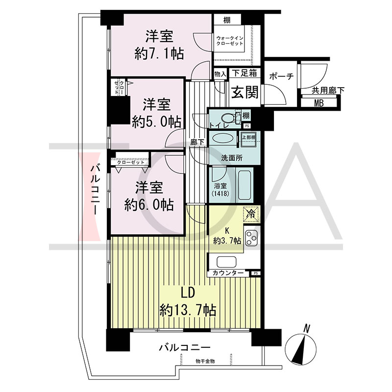 ステイツ神戸熊内町の間取り図 南向き 3LDK 専有面積81.90m2
バルコニー面積28.01m2から33.91m2のお部屋あり
ポーチ面積3.15m2