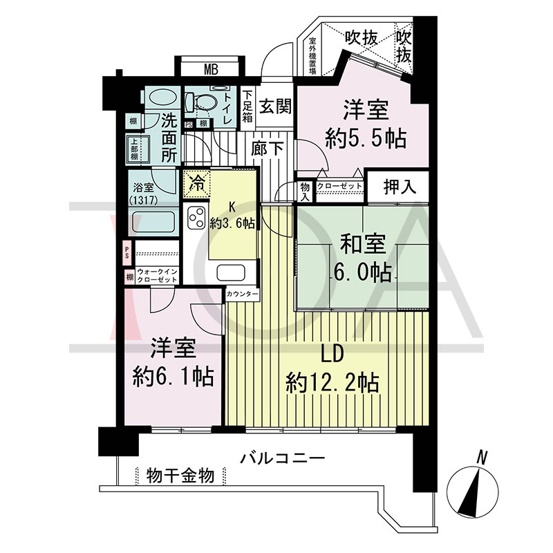 ステイツ神戸熊内町の間取り図 南向き 3LDK 専有面積 73.67m2
バルコニー面積13.42m2