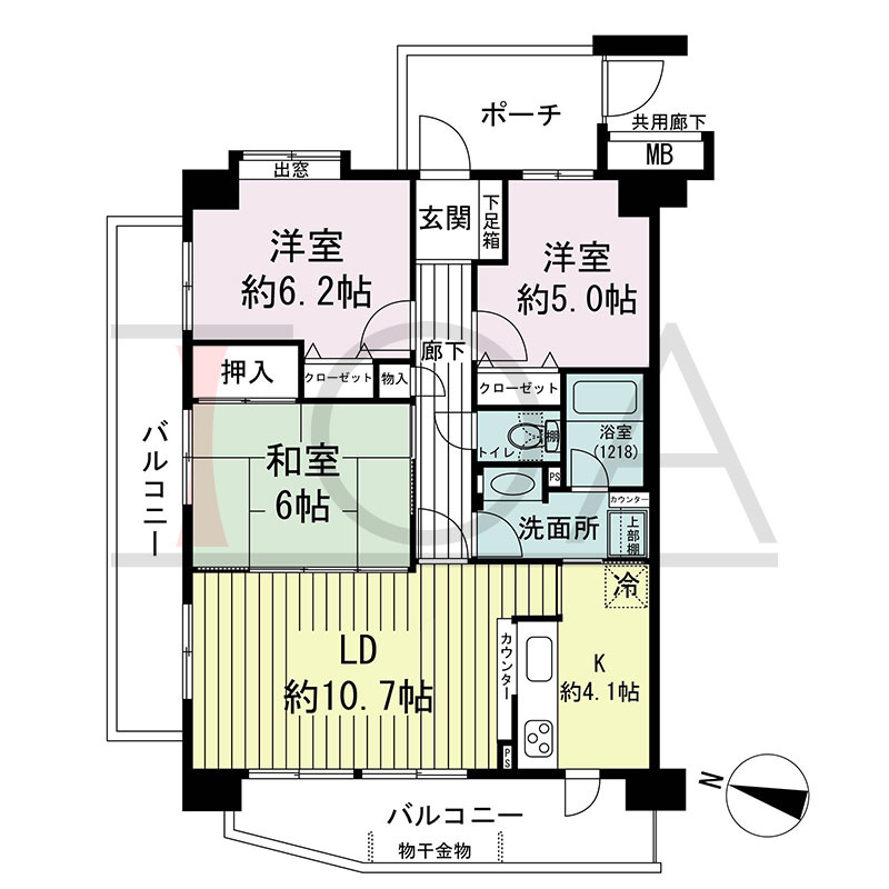 ステイツ神戸熊内町の間取り図 西向き 3LDK 専有面積70.30m2
バルコニー面積19.15から22.90m2のお部屋あり
ポーチ面積6.08m2