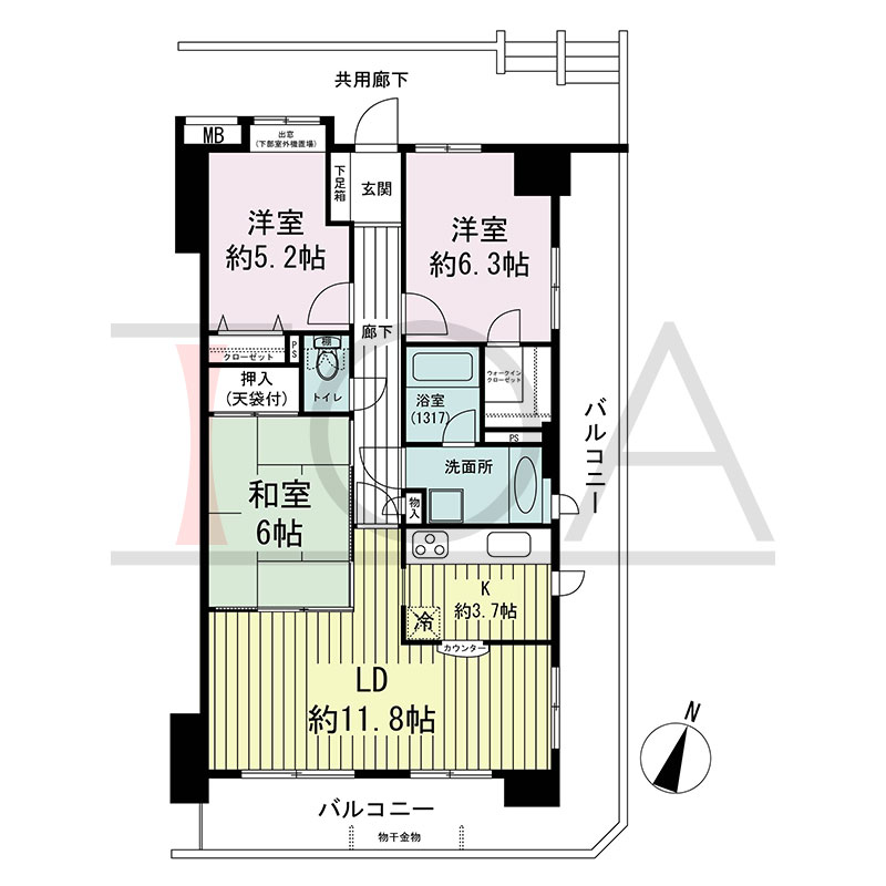 ステイツ神戸熊内町の間取り図 南向き 3LDK 専有面積74.75m2
バルコニー面積25.22m2から26.36m2のお部屋あり