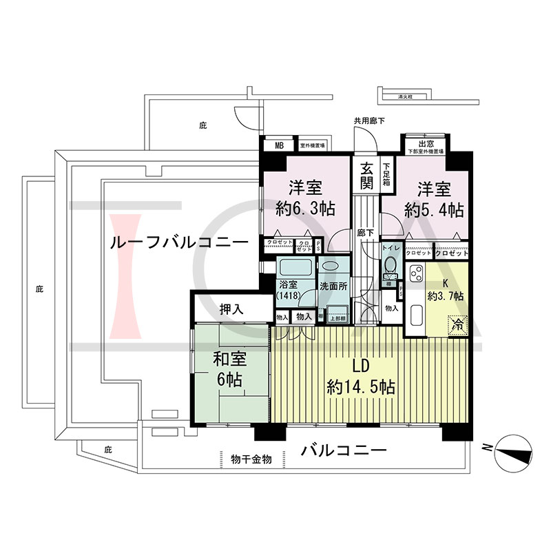 ステイツ神戸熊内町の間取り図 西向き 3LDK 専有面積80.63m2
バルコニー面積17.10m2
ルーフバルコニー面積34.26m2