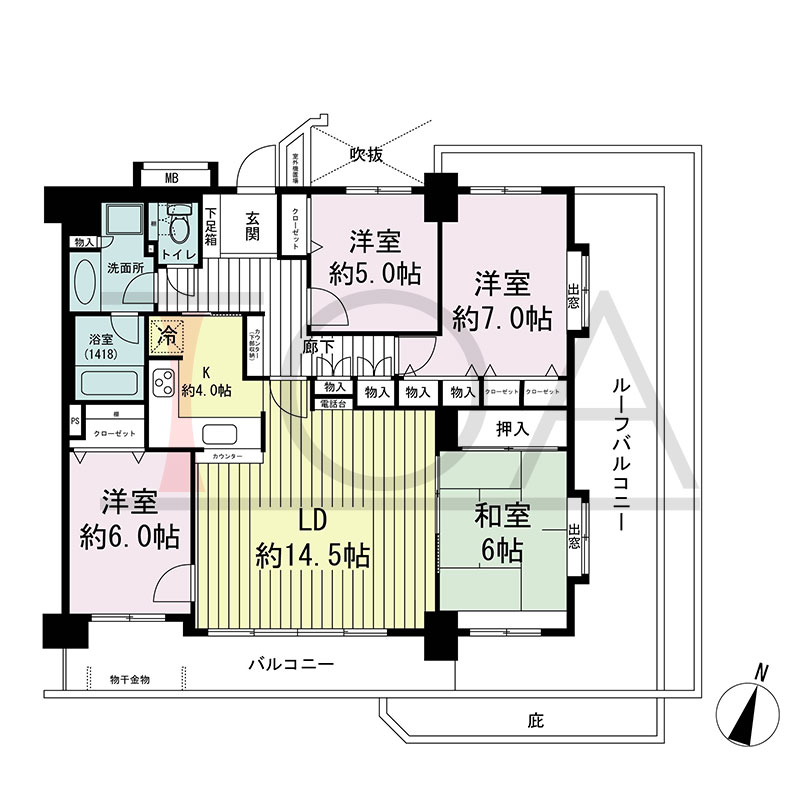 ステイツ神戸熊内町の間取り図 南向き 4LDK 専有面積97.38m2
バルコニー面積10.77m2
ルーフバルコニー面積23.08m2
