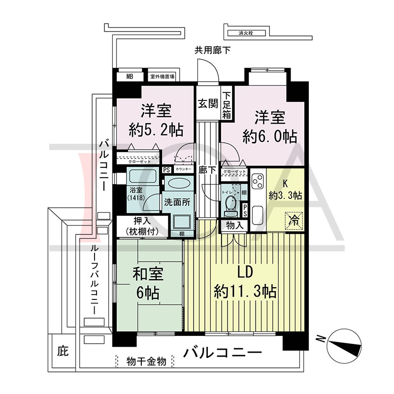 ステイツ神戸熊内町の間取り図 西向き 3LDK 専有面積69.82m2
バルコニー面積17.09m2
ルーフバルコニー面積5.50m2