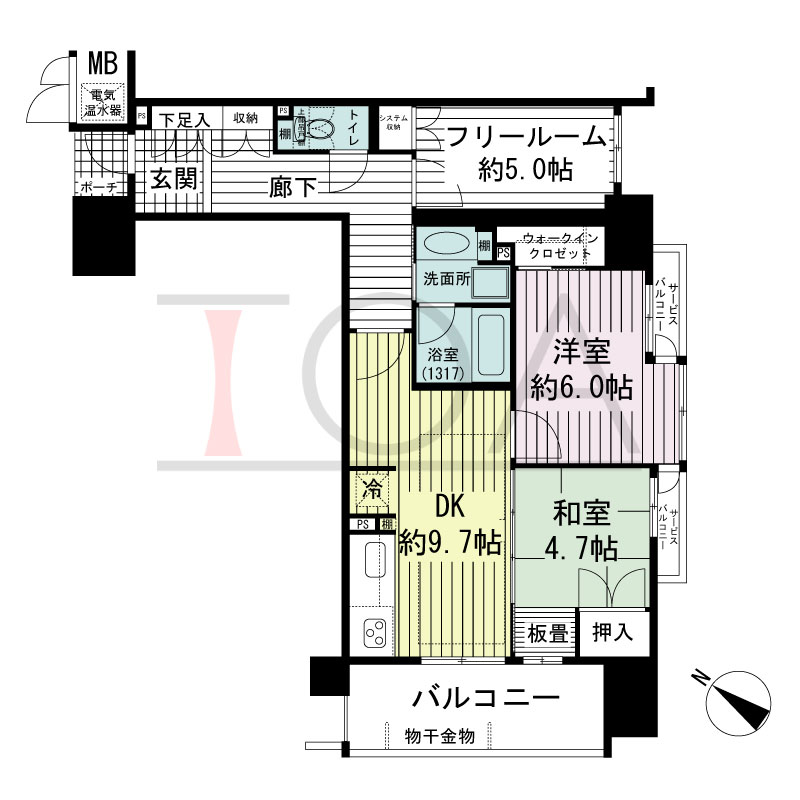 神戸元町山手ヴィアージュの間取り図 南西向き 2LDK+F 専有面積64.74m2
バルコニー面積7.95m2
サービスバルコニー面積2.40m2