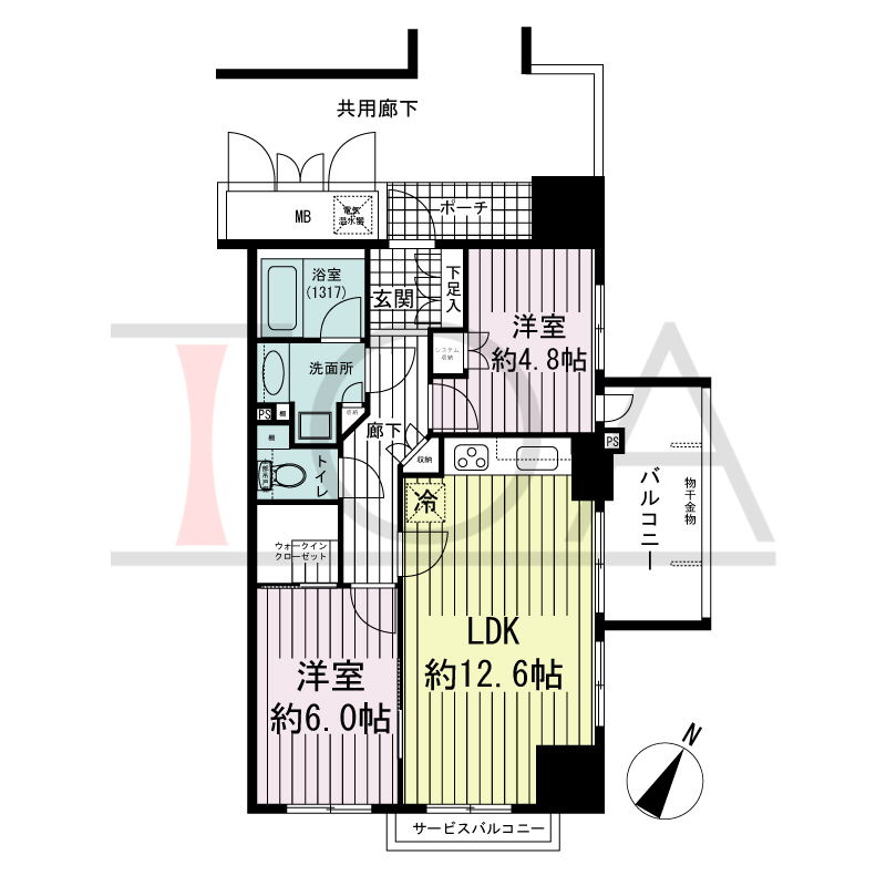 神戸元町山手ヴィアージュの間取り図 南東向き角 2LDK 専有面積56.05m2
バルコニー面積7.06m2
サービスバルコニー面積1.68m2