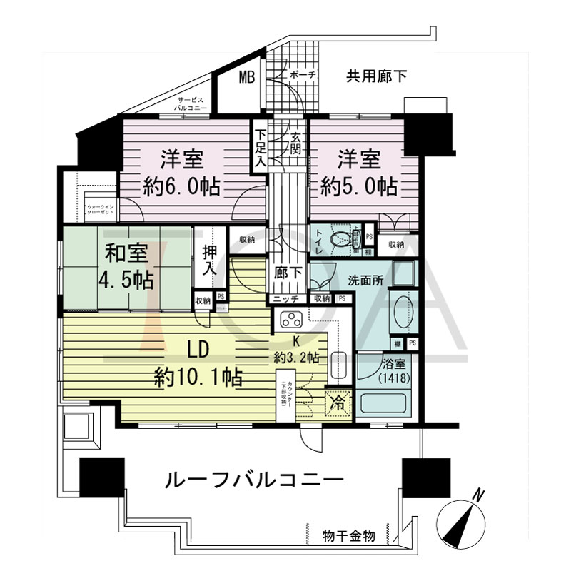 神戸元町山手ヴィアージュの間取り図 南東向き角 3LDK 専有面積68.95m2
ルーフバルコニー面積27.53m2
サービスバルコニー面積1.30m2