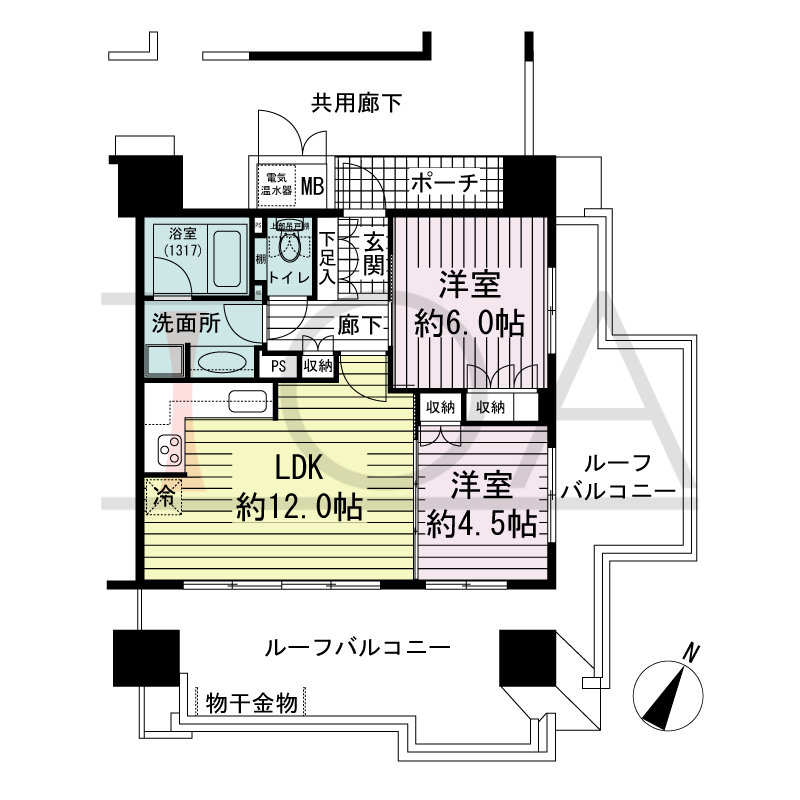 神戸元町山手ヴィアージュの間取り図 南東向き角 2LDK 専有面積52.06m2
ルーフバルコニー面積30.18m2