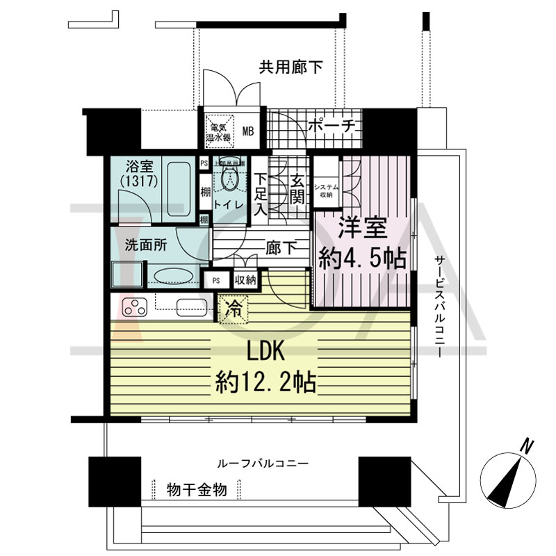 神戸元町山手ヴィアージュの間取り図 南東向き角 1LDK 専有面積41.70m2
ルーフバルコニー面積20.59m2
サービスバルコニー面積5.40m2