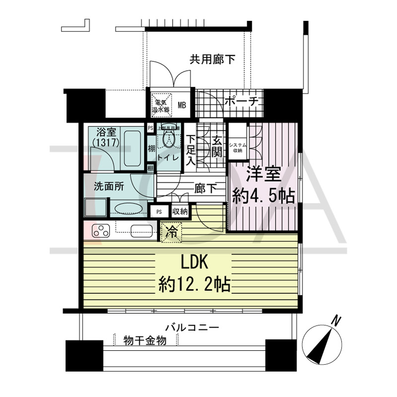 神戸元町山手ヴィアージュの間取り図 南東向き角 1LDK 専有面積41.70m2
バルコニー面積12.15m2
