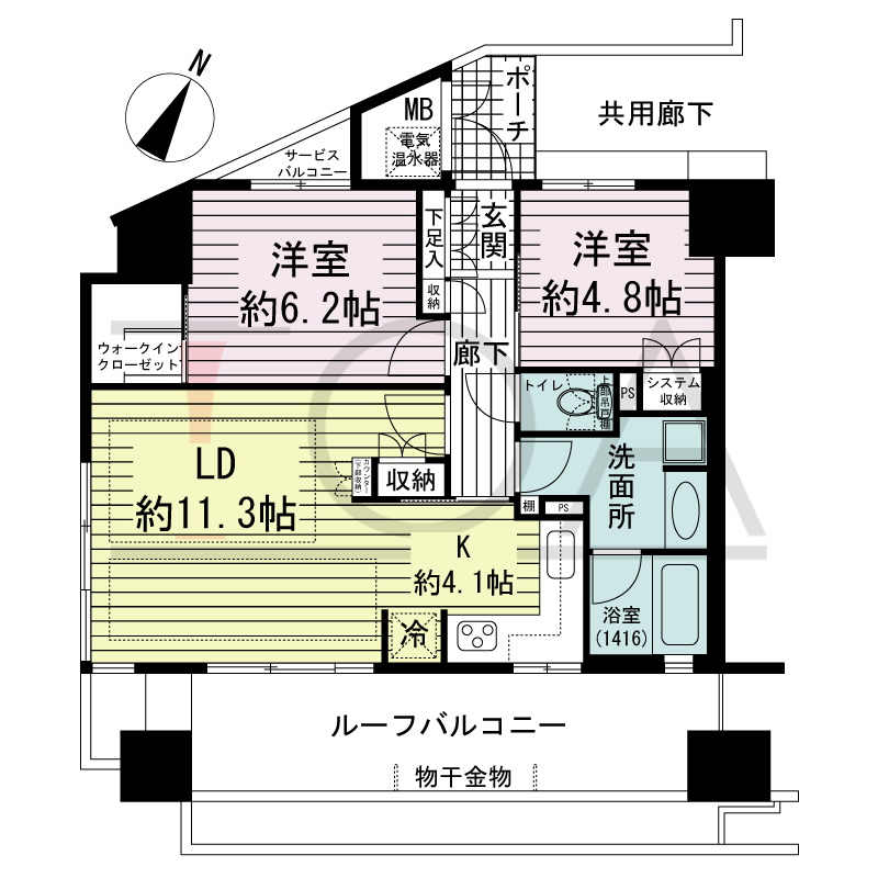 神戸元町山手ヴィアージュの間取り図 南東向き角 2LDK 専有面積61.95m2
ルーフバルコニー面積22.58m2
サービスバルコニー面積1.30m2