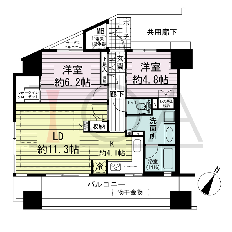神戸元町山手ヴィアージュの間取り図 南東向き角 2LDK 専有面積61.95m2
バルコニー面積16.03m2
サービスバルコニー面積1.30m2