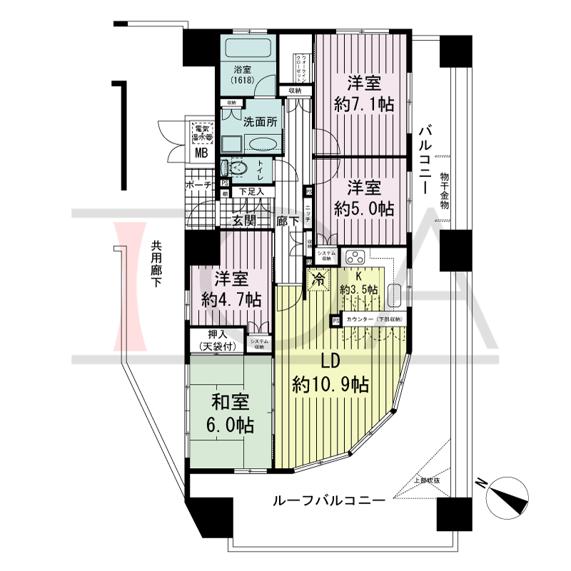 神戸元町山手ヴィアージュの間取り図 南西向き 4LDK 専有面積85.19m2
バルコニー面積12.15m2
ルーフバルコニー面積34.50m2