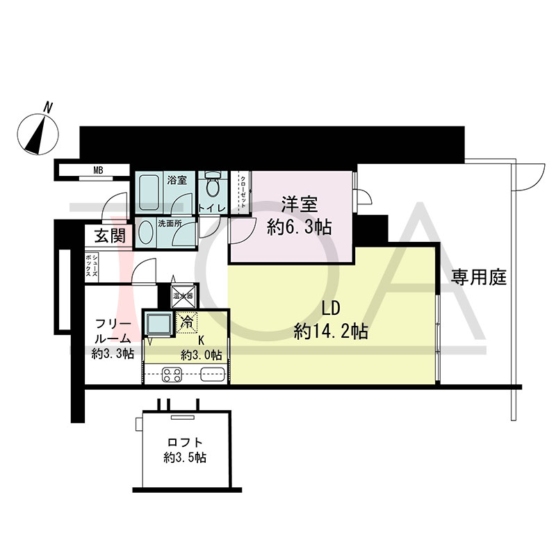 新神戸アパートメントの間取り図 東向き 1LDK+F 専有面積59.01m2
専用庭面積20.23m2
ロフト面積5.62m2
