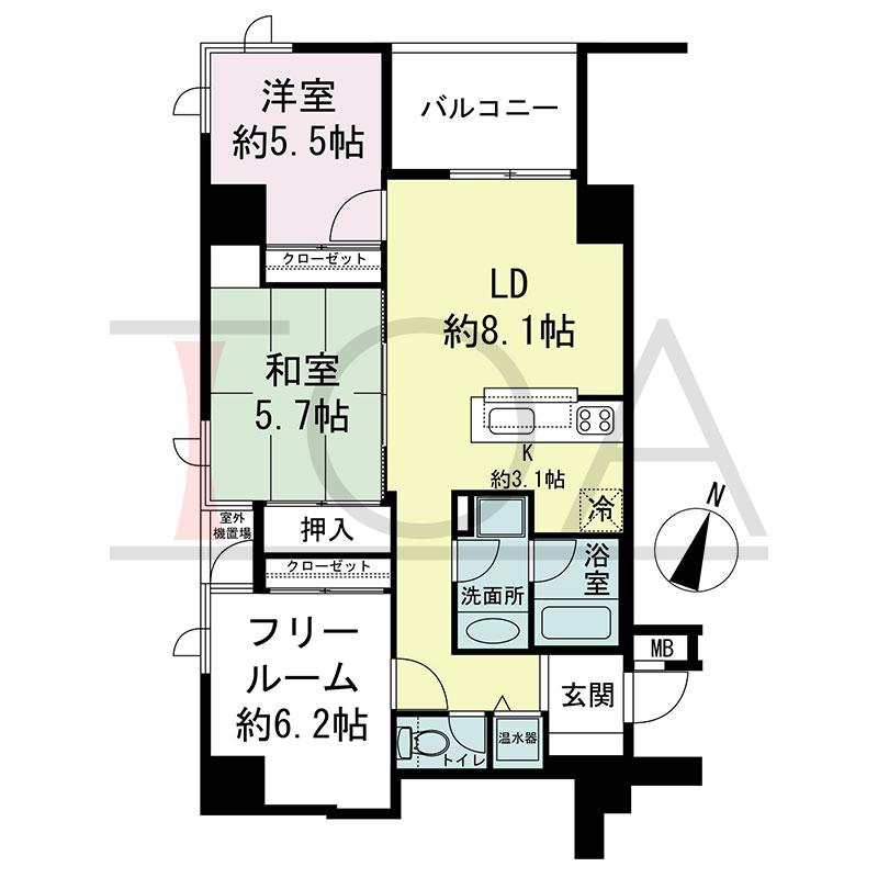 新神戸アパートメントの間取り図 北西向き角 2LDK+F 専有面積69.38m2
バルコニー面積6.09m2