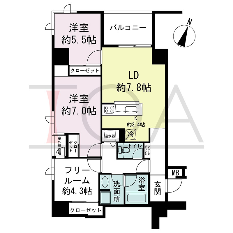 新神戸アパートメントの間取り図 北西向き角 2LDK+F 専有面積69.38m2
バルコニー面積6.09m2