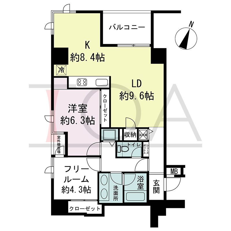 新神戸アパートメントの間取り図 北西向き角 1LDK+F 専有面積69.38m2
バルコニー面積6.09m2