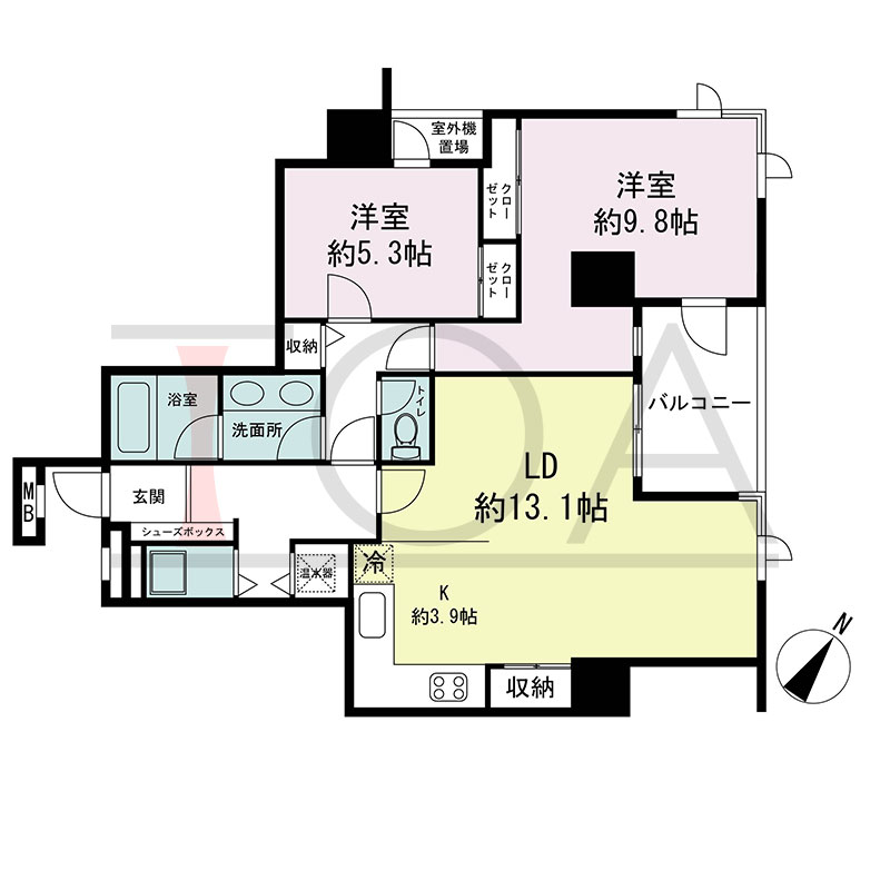 新神戸アパートメントの間取り図 北東向き角 2LDK 専有面積75.92m2
バルコニー面積6.50m2
