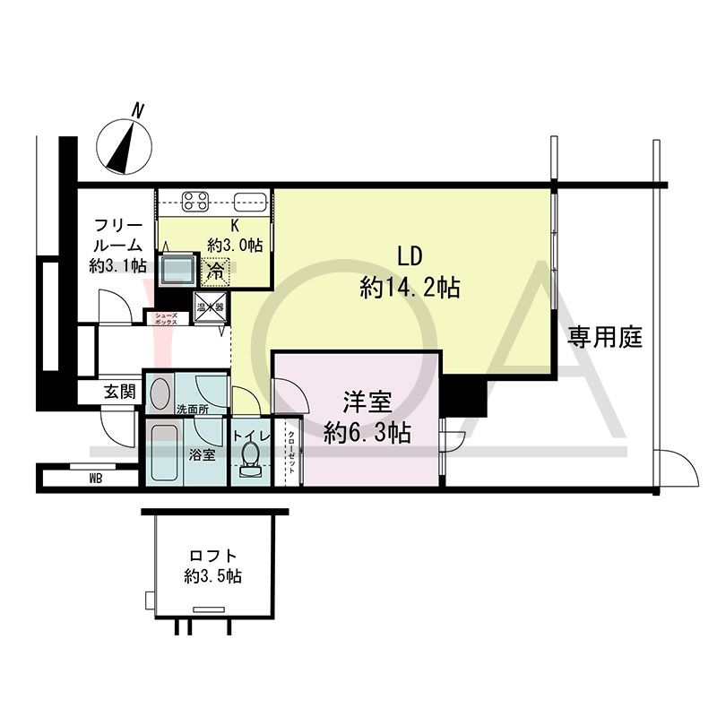 新神戸アパートメントの間取り図 東向き 1LDK+F 専有面積59.06m2
専用庭面積19.78m2
ロフト面積5.62m2