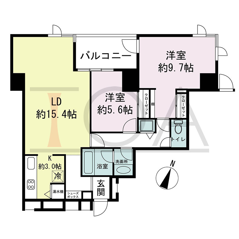 新神戸アパートメントの間取り図 北西向き 2LDK 専有面積75.25m2
バルコニー面積7.11m2