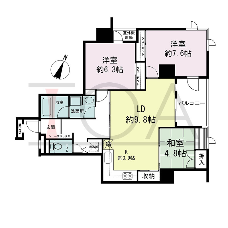 新神戸アパートメントの間取り図 北東向き角 3LDK 専有面積75.92m2
バルコニー面積6.50m2