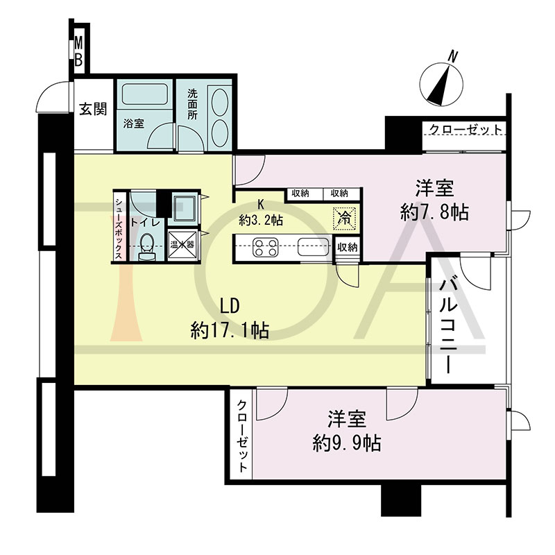 新神戸アパートメントの間取り図 北東向き 2LDK 専有面積83.56m2
バルコニー面積6.50m2
