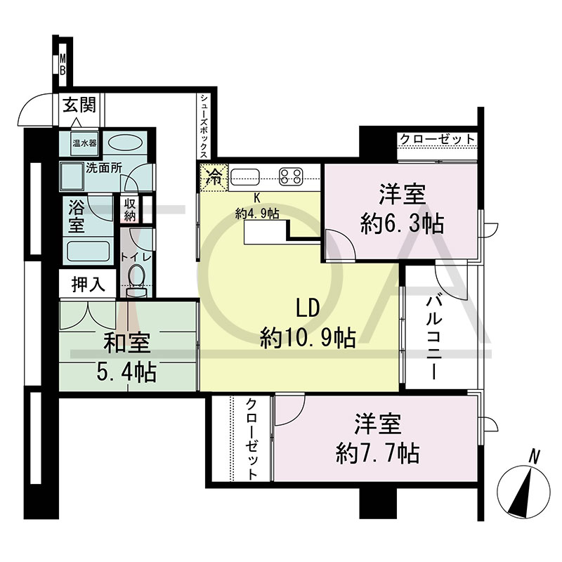 新神戸アパートメントの間取り図 北東向き 3LDK 専有面積83.56m2
バルコニー面積6.50m2