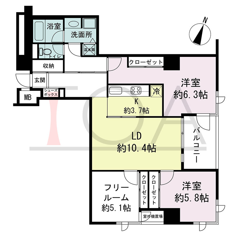 新神戸アパートメントの間取り図 北東向き角 2LDK+F 専有面積81.47m2
バルコニー面積6.50m2
