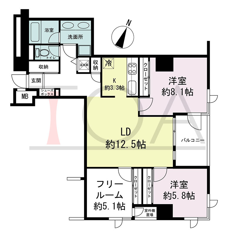 新神戸アパートメントの間取り図 北東向き角 2LDK+F 専有面積81.47m2
バルコニー面積6.50m2