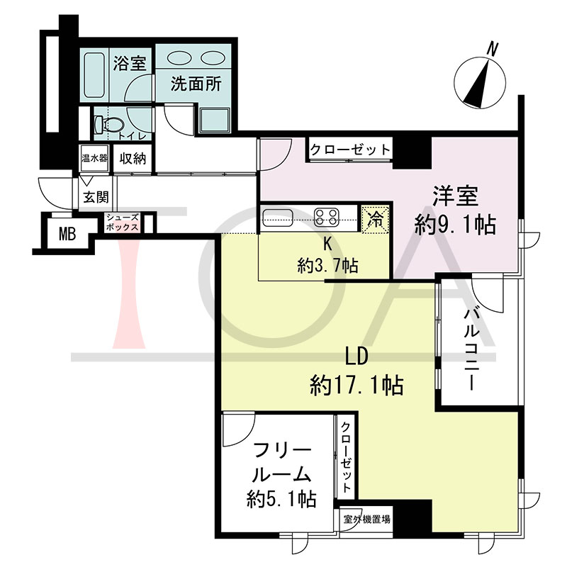 新神戸アパートメントの間取り図 北東向き角 1LDK+F 専有面積81.47m2
バルコニー面積6.50m2